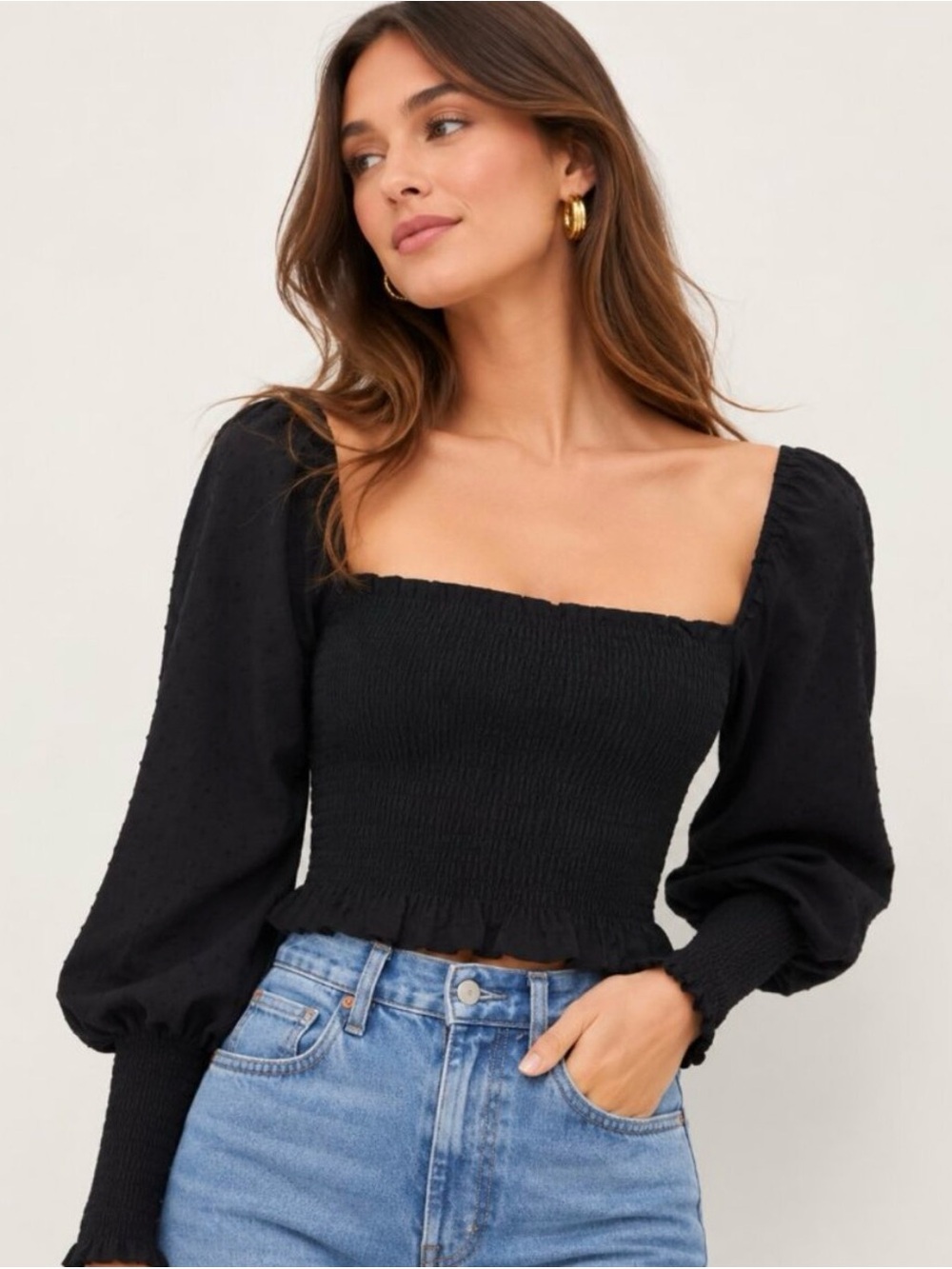 Hill House Home The Grace Nap Top Black Swiss Dot Smocked Crop Blouse Size M